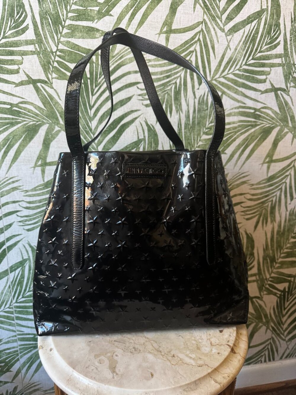 Jimmy Choo Star Embossed Black Patent Leather Shopper Tote